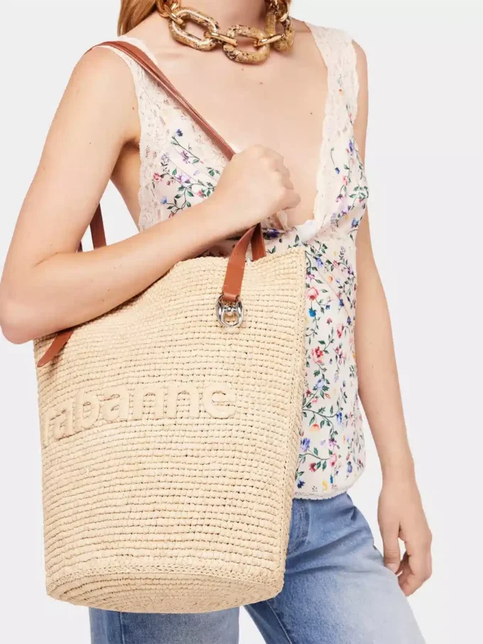 Beige raffia tote bag with logo