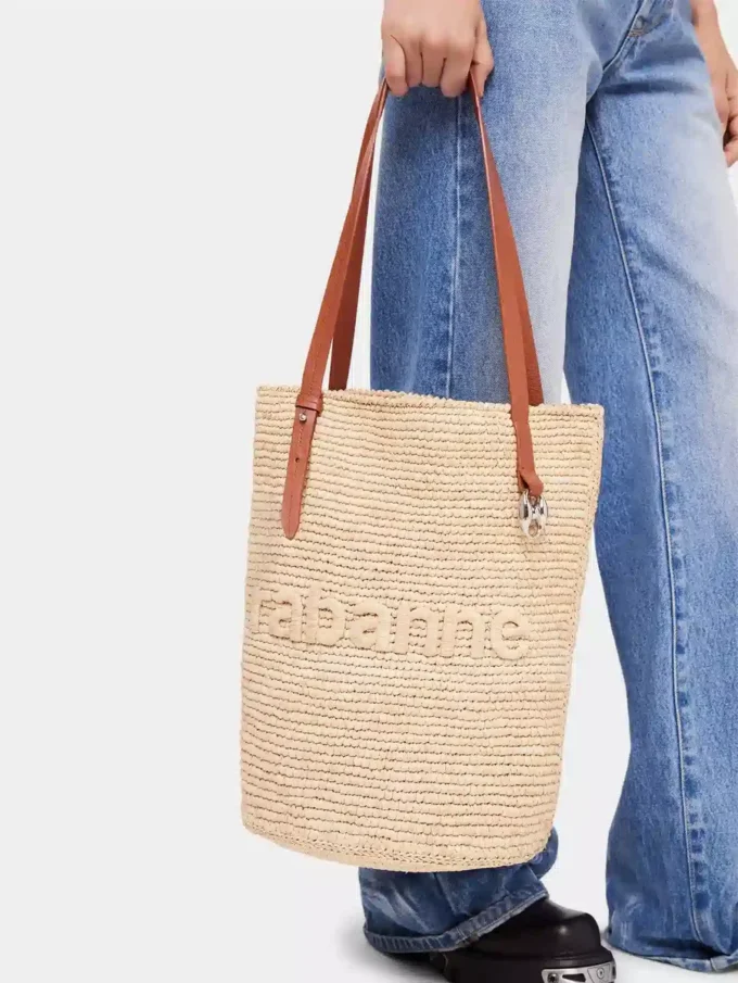 Beige raffia tote bag with logo