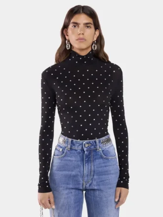Black crystal-embellished top in second-skin jersey