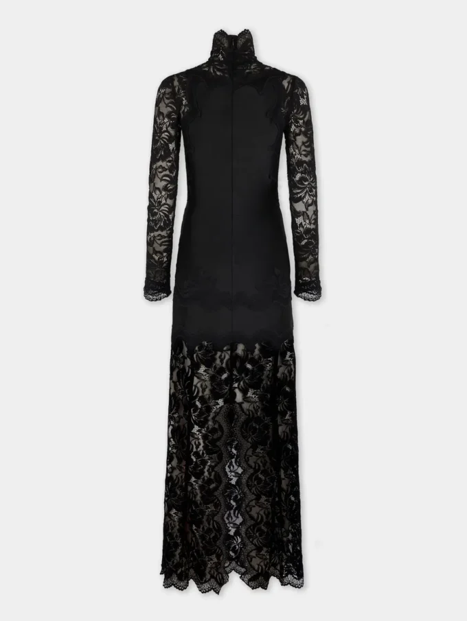 Black long dress in lace and jersey