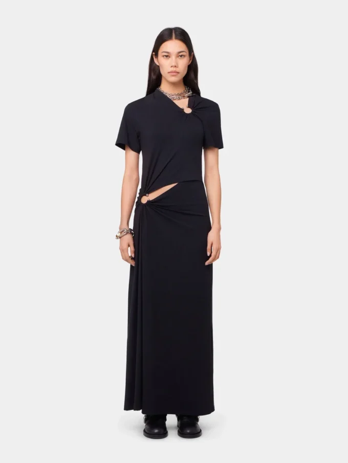 Black long piercing dress in cotton jersey