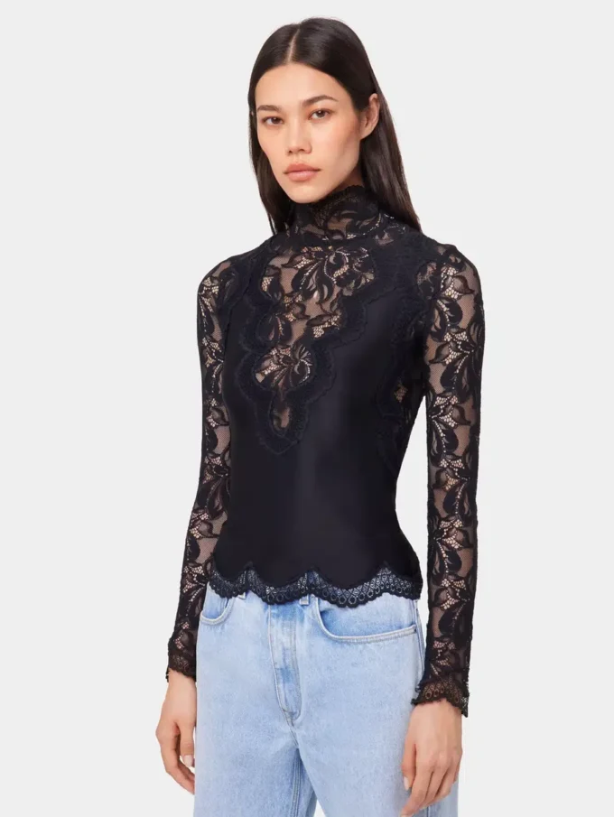 Black long sleeve top in lace and jersey