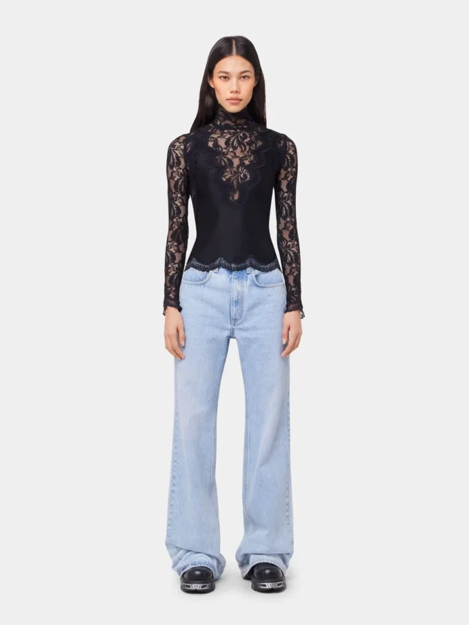 Black long sleeve top in lace and jersey