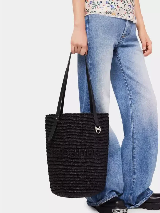 Black raffia tote bag with logo
