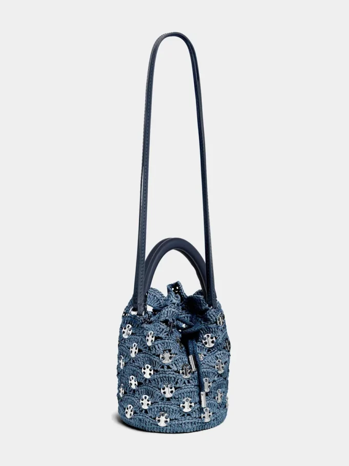 Denim blue raffia bucket bag