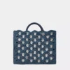 Denim blue tote bag in raffia