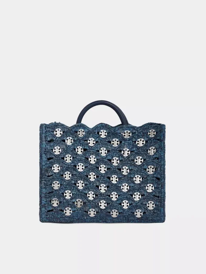 Denim blue tote bag in raffia