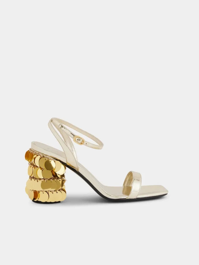 Gold sandals with Sparkle disc heels