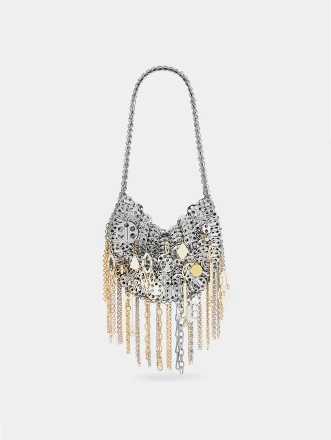 Iconic silver 1969 moon bag assembled with metallic pampilles