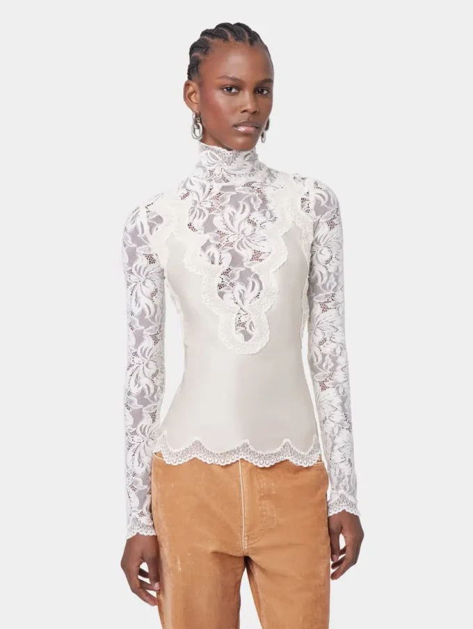 Ivory long-sleeved top in lace and jersey