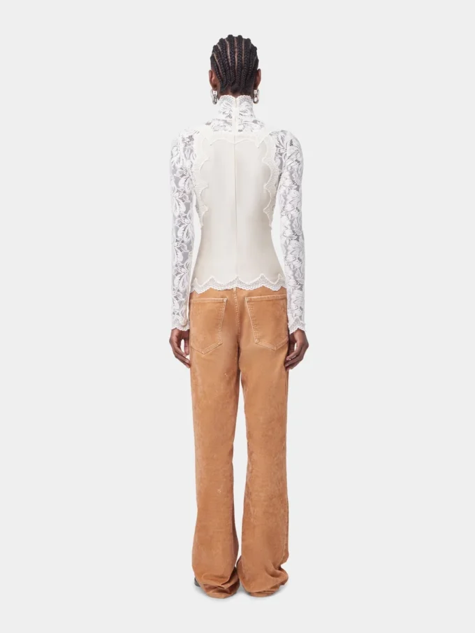 Ivory long-sleeved top in lace and jersey