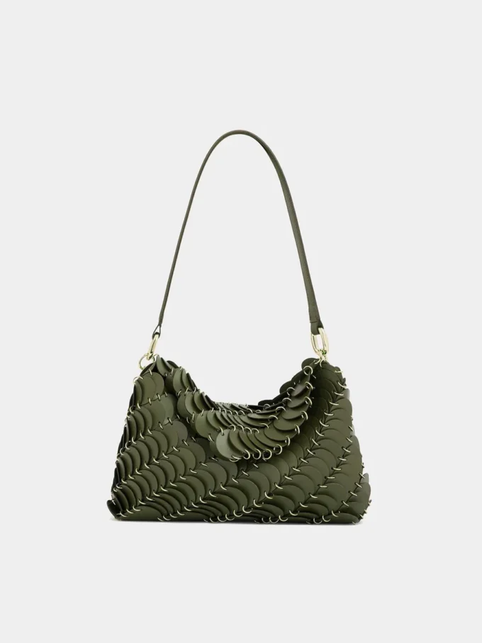 Khaki paco shoulder clutch in calfskin leather