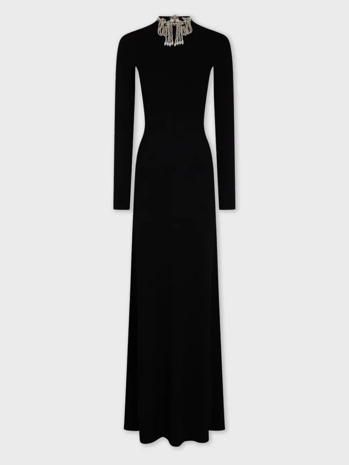 Long backless knit dress with embroideries