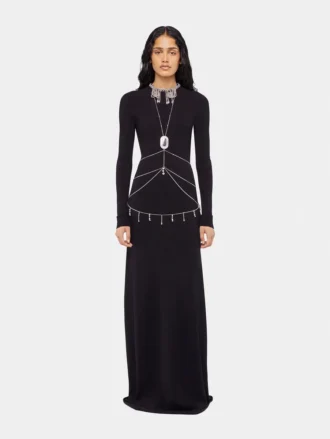 Long backless knit dress with embroideries