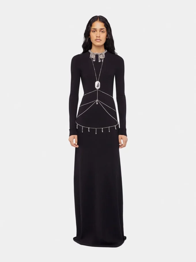 Long backless knit dress with embroideries