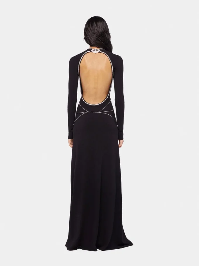 Long backless knit dress with embroideries