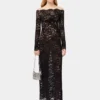 Long black lace dress with bardot collar