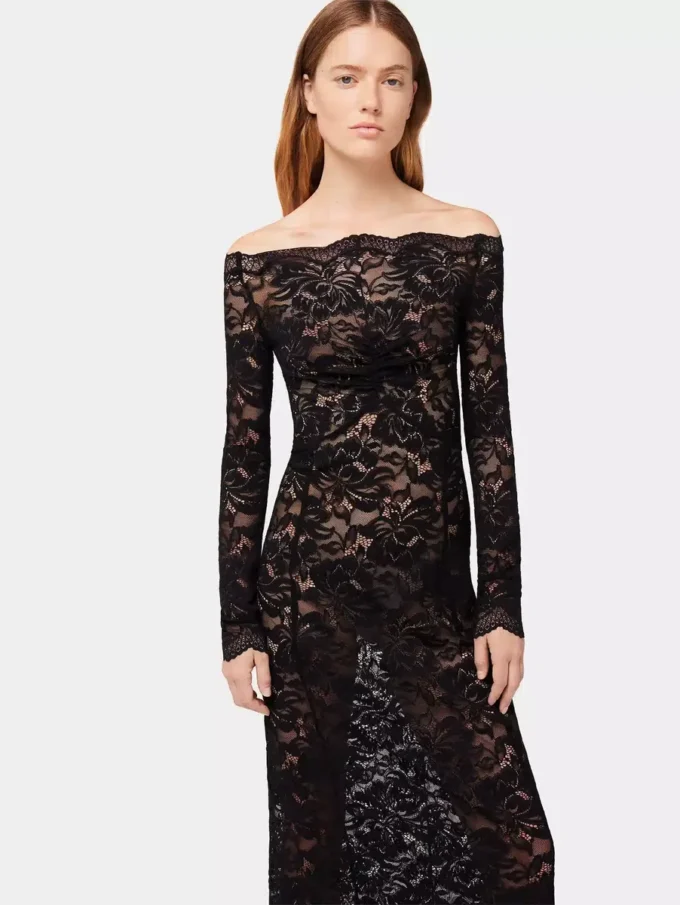 Long black lace dress with bardot collar