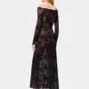 Long black lace dress with bardot collar
