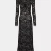 Long black lace dress with bardot collar
