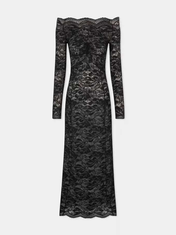 Long black lace dress with bardot collar