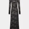 Long black lace dress with bardot collar