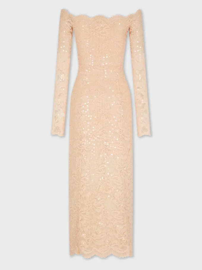 Midi lace dress with sequins embroideries