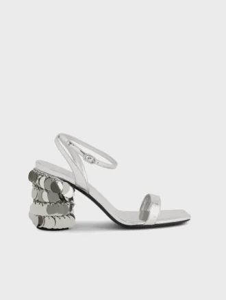 Silver sandals with Sparkle disc heels