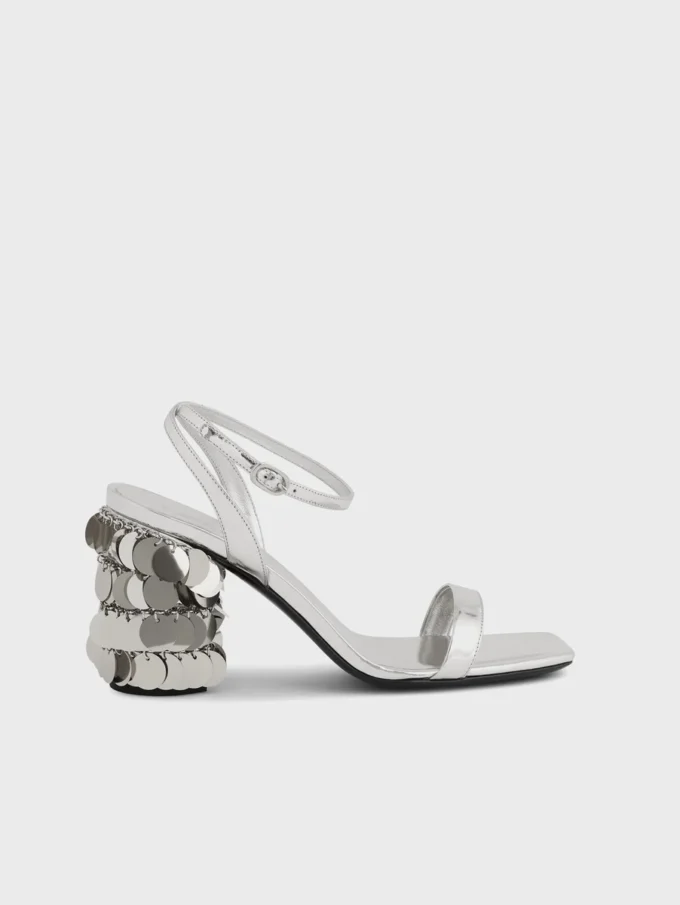 Silver sandals with Sparkle disc heels