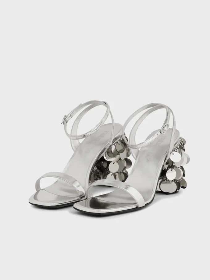 Silver sandals with Sparkle disc heels