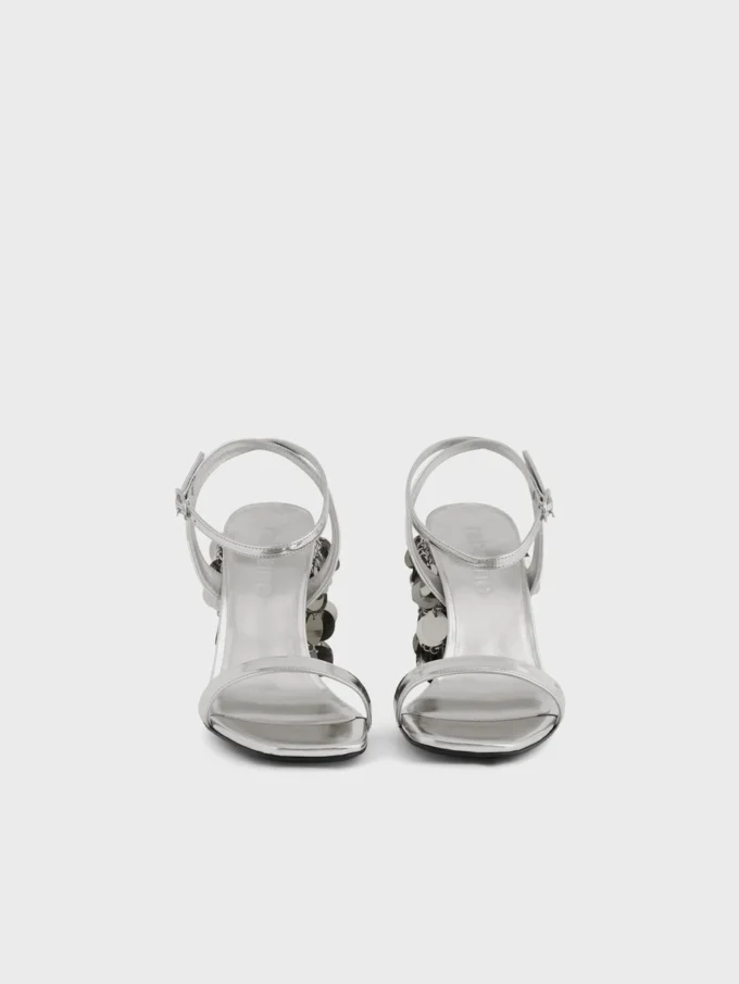 Silver sandals with Sparkle disc heels